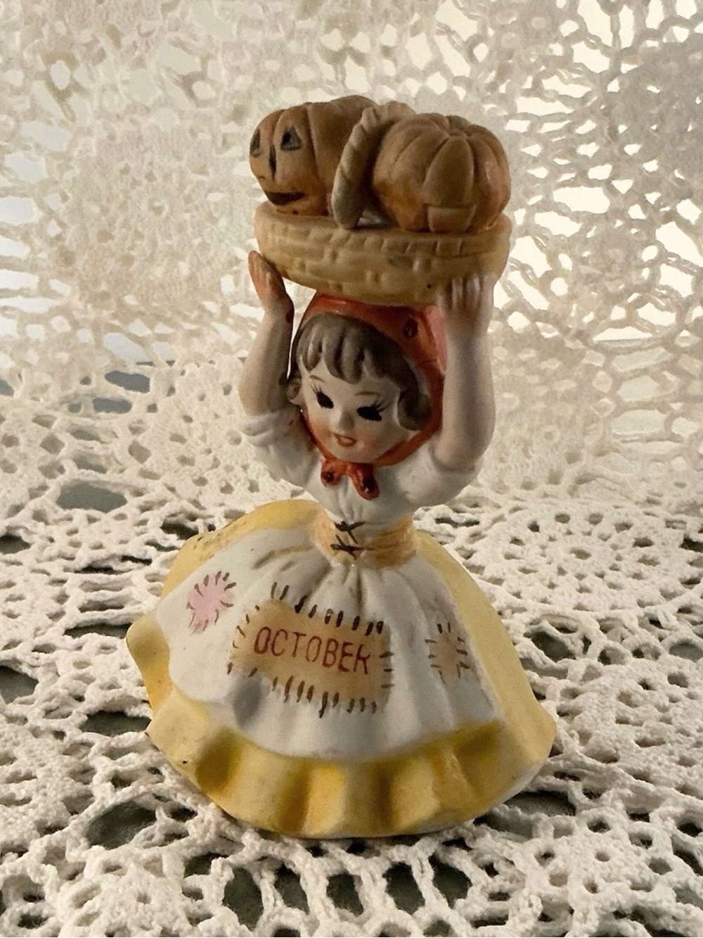 October Girl Figurine with Pumpkins, Vintage